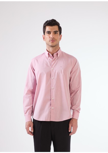 Koyu Kırmızı Erkek Regular Fit Düz Brent Düğmeli Yaka Uzun Kol Gömlek