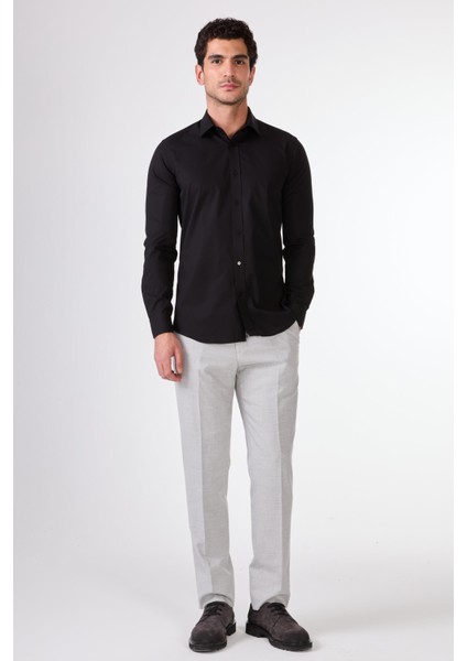 Siyah Düz Renk Slim Fit Uzun Kol Erkek Gömlek