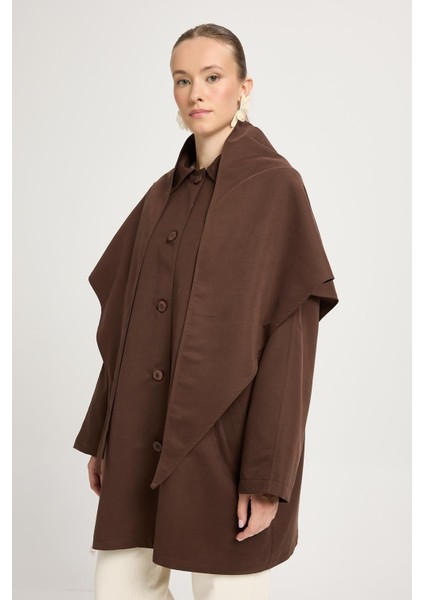 Kadın Kahve Oversize Seyyar Yakalı Astarlı Tasarım Trençkot 30009