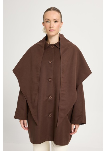 Kadın Kahve Oversize Seyyar Yakalı Astarlı Tasarım Trençkot 30009 indirimleri