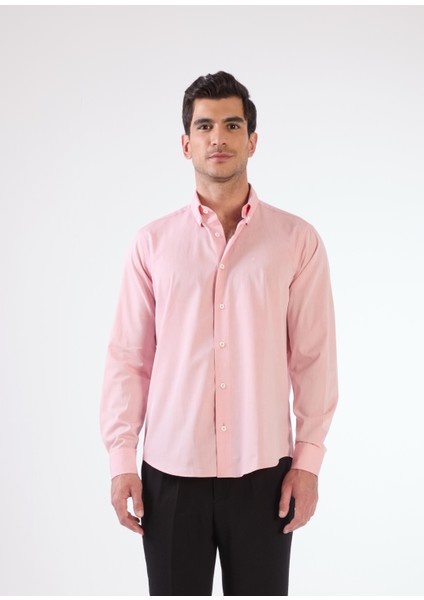 Kırmızı Erkek Regular Fit Düz Brent Düğmeli Yaka Uzun Kol Gömlek