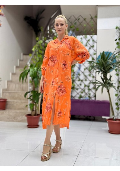 YG304004 Italyan Coton Pareo Gömlek Elbise Oranj