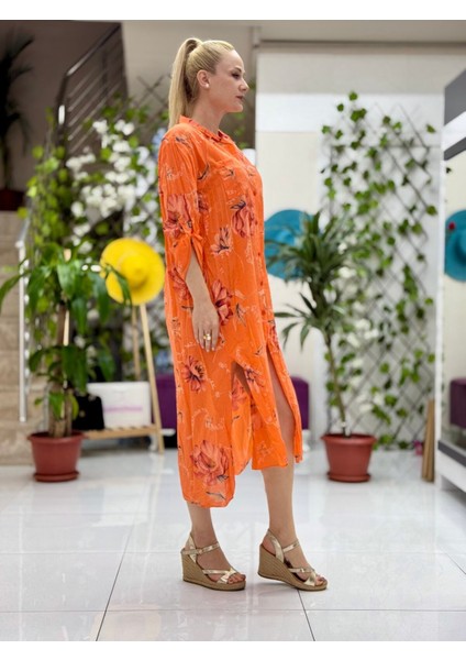 YG304004 Italyan Coton Pareo Gömlek Elbise Oranj modelleri