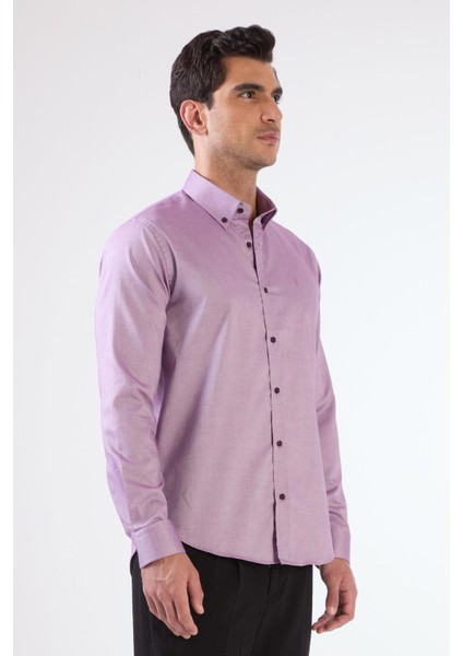 Lila Erkek Slim Fit Düz Brent Düğmeli Yaka Uzun Kol Gömlek - 102464