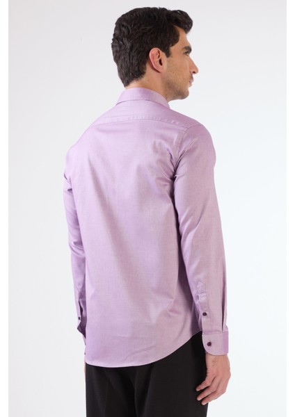 Lila Erkek Slim Fit Düz Brent Düğmeli Yaka Uzun Kol Gömlek - 102464