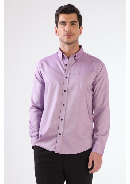 Lila Erkek Slim Fit Düz Brent Düğmeli Yaka Uzun Kol Gömlek - 102464