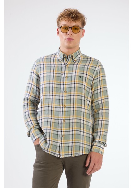 Yeşil Erkek Slim Fit Çiçek Desenli Klasik Yaka Uzun Kol Gömlek - 104885