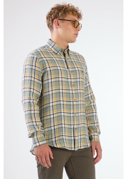 Yeşil Erkek Slim Fit Çiçek Desenli Klasik Yaka Uzun Kol Gömlek - 104885