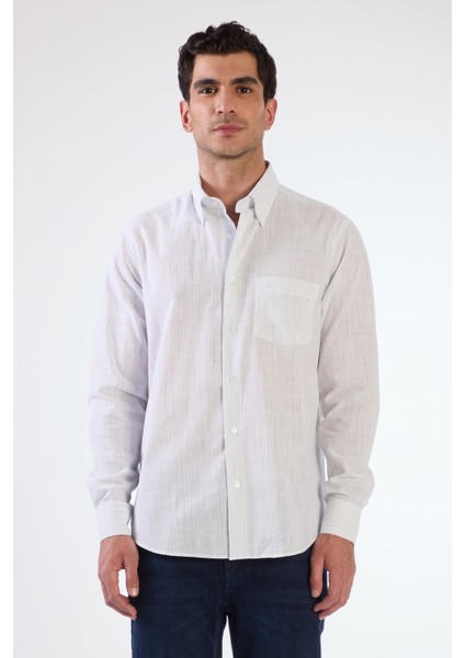 Bej Erkek Regular Fit Çizgili Brent Düğmeli Yaka Uzun Kol Gömlek - 104779