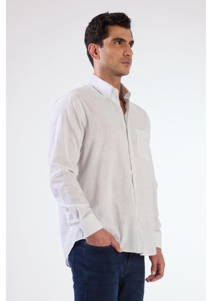 Bej Erkek Regular Fit Çizgili Brent Düğmeli Yaka Uzun Kol Gömlek - 104779