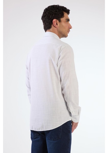 Bej Erkek Regular Fit Çizgili Brent Düğmeli Yaka Uzun Kol Gömlek - 104779