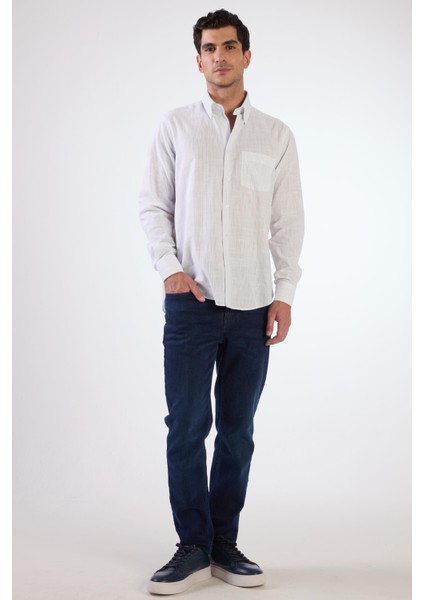 Bej Erkek Regular Fit Çizgili Brent Düğmeli Yaka Uzun Kol Gömlek - 104779