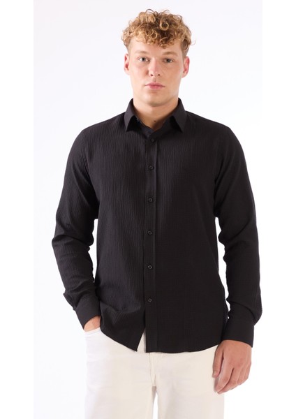Siyah Erkek Slim Fit Gofre Desenli Brent Yaka Uzun Kol Gömlek - 104815