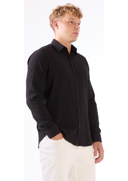 Siyah Erkek Slim Fit Gofre Desenli Brent Yaka Uzun Kol Gömlek - 104815