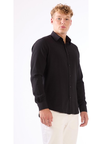 Siyah Erkek Slim Fit Gofre Desenli Brent Yaka Uzun Kol Gömlek - 104815