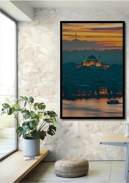 Çerçeve Görünümlü Istanbul Silüeti Yağlı Boya Görünümlü Dekoratif Ahşap Ev/işyeri/ofis Kare Tablo