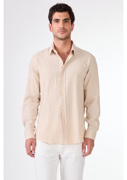 Bej Erkek Slim Fit Gofre Desenli Brent Yaka Uzun Kol Gömlek - 104810