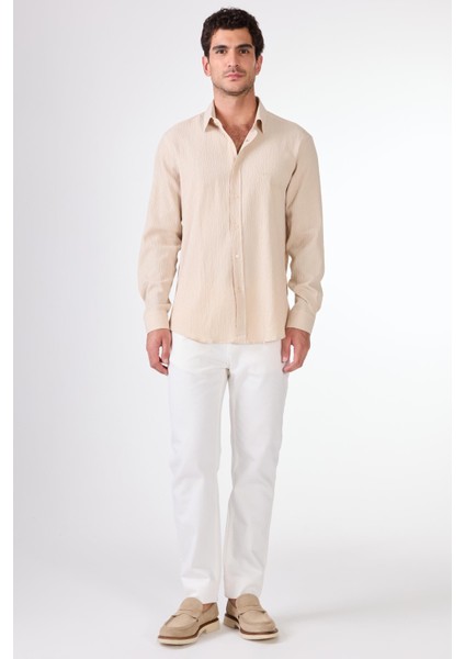 Bej Erkek Slim Fit Gofre Desenli Brent Yaka Uzun Kol Gömlek - 104810