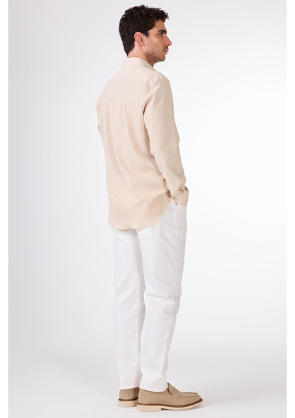 Bej Erkek Slim Fit Gofre Desenli Brent Yaka Uzun Kol Gömlek - 104810