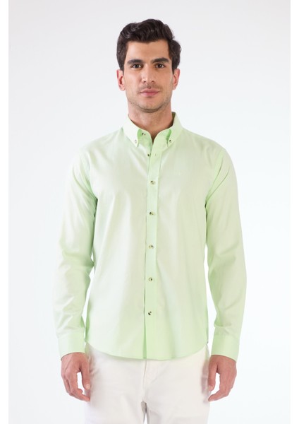 Açık Yeşil Erkek Slim Fit Düz Brent Düğmeli Yaka Uzun Kol Gömlek