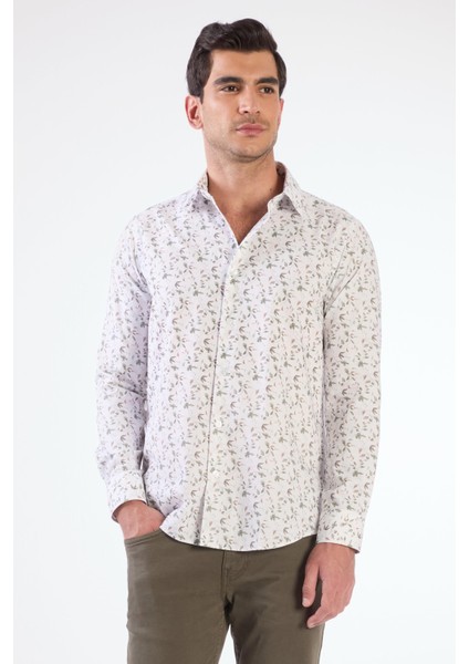 Yeşil Erkek Slim Fit Çiçek Desenli Brent Yaka Uzun Kol Gömlek - 104785