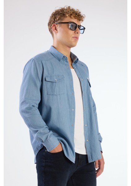 Açık Mavi Erkek Regular Fit Düz Klasik Yaka Uzun Kol Gömlek - 104840