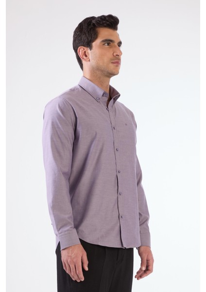 Mor Erkek Slim Fit Düz Brent Düğmeli Yaka Uzun Kol Gömlek - 102459