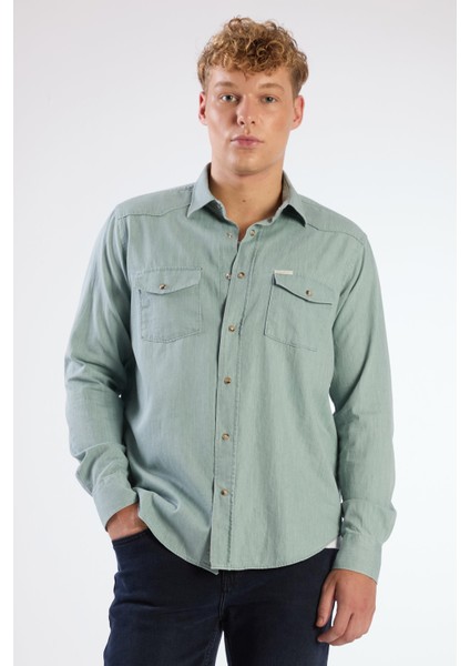 Yeşil Erkek Regular Fit Düz Klasik Yaka Uzun Kol Gömlek - 104835