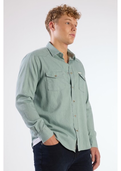 Yeşil Erkek Regular Fit Düz Klasik Yaka Uzun Kol Gömlek - 104835