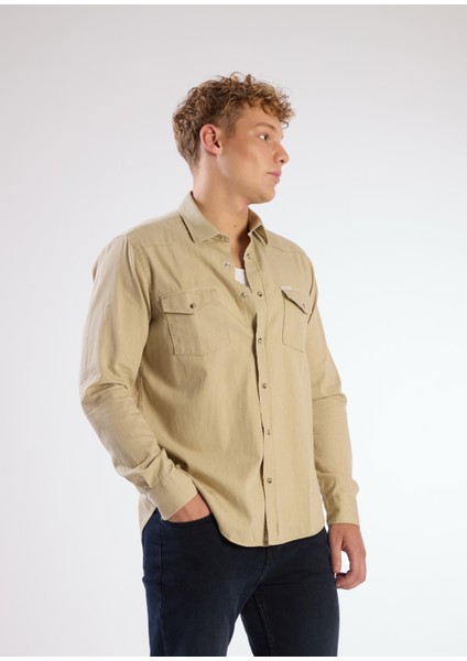 Bej Erkek Regular Fit Düz Klasik Yaka Uzun Kol Gömlek - 104845