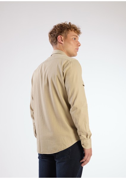 Bej Erkek Regular Fit Düz Klasik Yaka Uzun Kol Gömlek - 104845