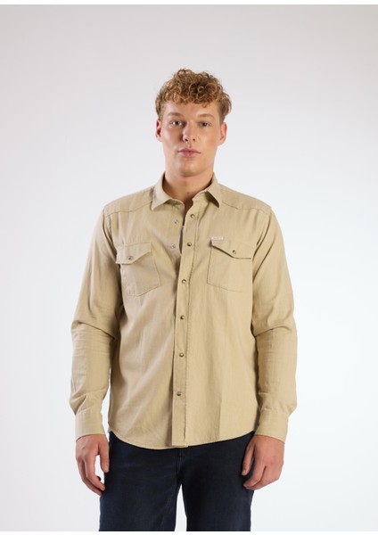 Bej Erkek Regular Fit Düz Klasik Yaka Uzun Kol Gömlek - 104845
