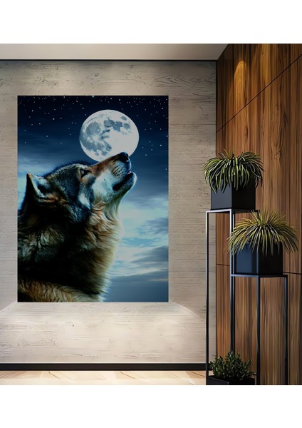 Dolunayda Uluyan Kurt Yağlı Boya Görünümlü Dekoratif Ahşap Ev/işyeri/ofis Kare Tablo