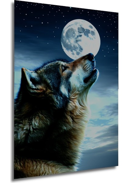 Dolunayda Uluyan Kurt Yağlı Boya Görünümlü Dekoratif Ahşap Ev/işyeri/ofis Kare Tablo modelleri