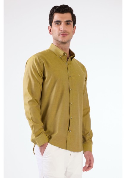 Hardal Erkek Slim Fit Düz Brent Düğmeli Yaka Uzun Kol Gömlek - 102454