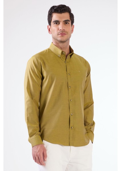 Hardal Erkek Slim Fit Düz Brent Düğmeli Yaka Uzun Kol Gömlek - 102454