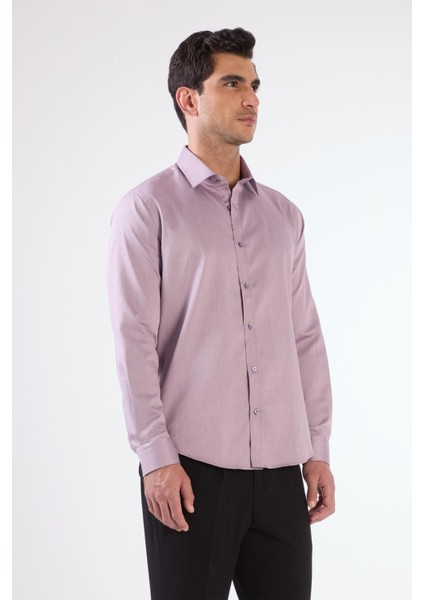 Lila Erkek Slim Fit Düz Brent Yaka Uzun Kol Gömlek - 102504
