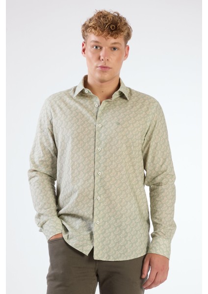 Yeşil Erkek Slim Fit Çiçek Desenli Klasik Yaka Uzun Kol Gömlek - 104880