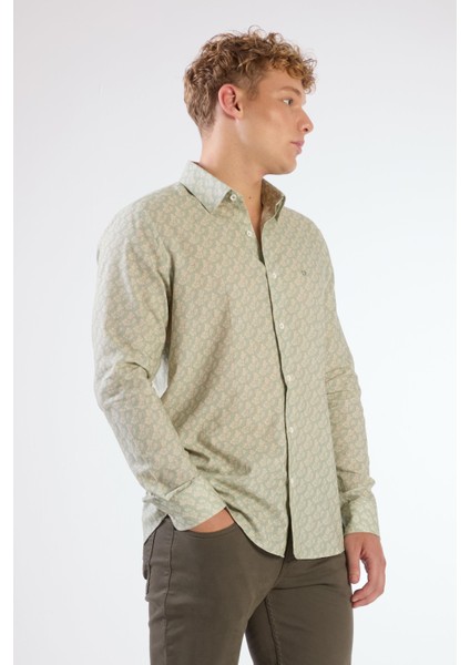 Yeşil Erkek Slim Fit Çiçek Desenli Klasik Yaka Uzun Kol Gömlek - 104880