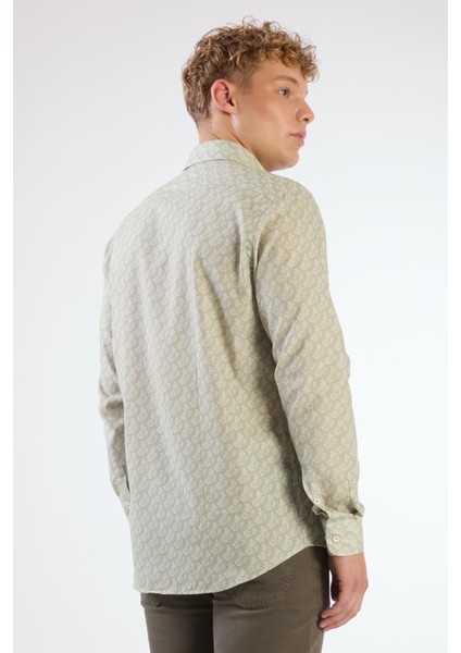 Yeşil Erkek Slim Fit Çiçek Desenli Klasik Yaka Uzun Kol Gömlek - 104880