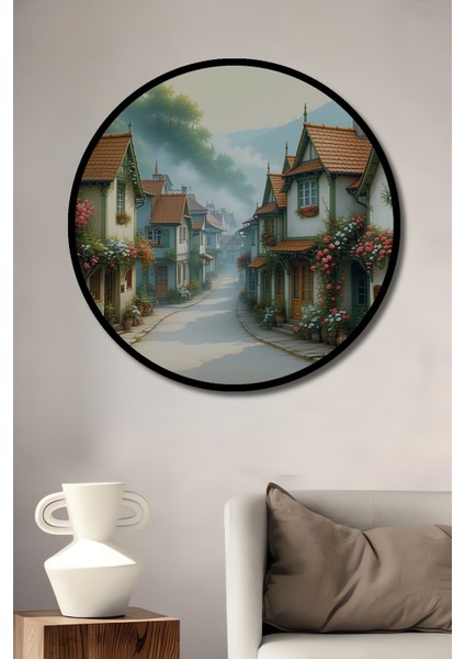 Çerçeve Görünümlü Çiçek Bahçeli Evler Yağlı Boya Görünümlü Dekoratif Ahşap Ofis Yuvarlak Tablo