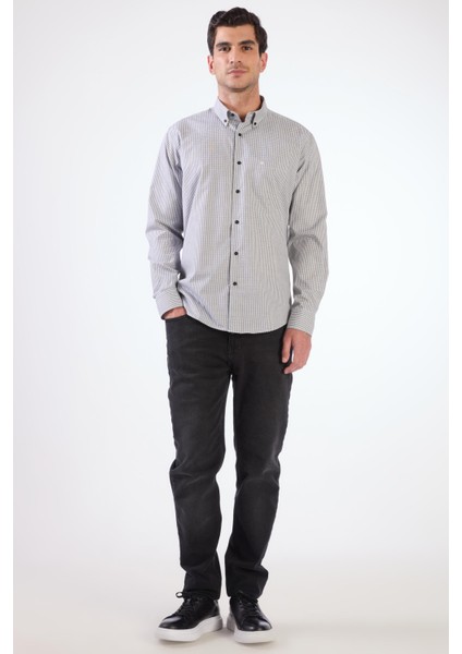 Siyah Kare Desen Regular Fit Uzun Kol Erkek Gömlek