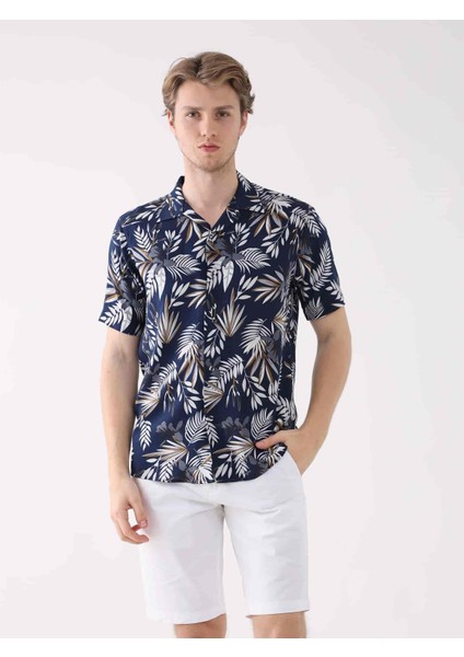 Lacivert Erkek Regular Fit Apaç Yaka Kısa Kol Gömlek
