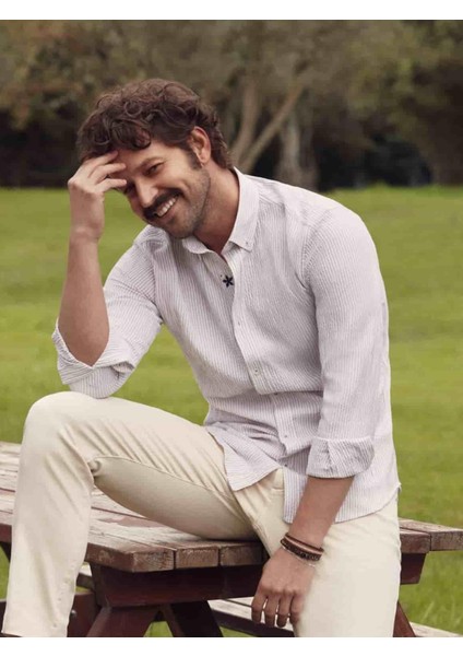 Bej Erkek Slim Fit Düğmeli Yaka Uzun Kol Gömlek