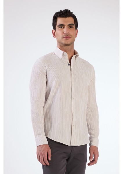 Bej Erkek Slim Fit Düğmeli Yaka Uzun Kol Gömlek