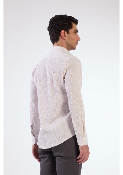 Bej Erkek Slim Fit Düğmeli Yaka Uzun Kol Gömlek