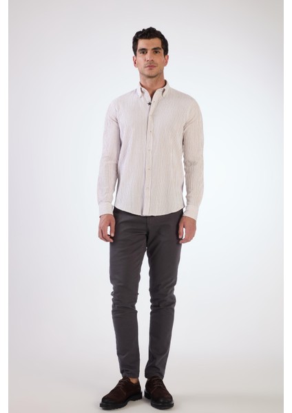 Bej Erkek Slim Fit Düğmeli Yaka Uzun Kol Gömlek