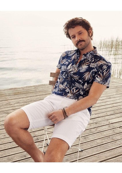 Lacivert Erkek Regular Fit Brent Düğmeli Yaka Kısa Kol Gömlek
