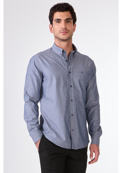 Açık Lacivert Erkek Regular Fit Melanj Desenli Düğmeli Yaka Uzun Kol Gömlek - 95053