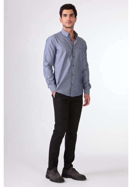 Açık Lacivert Erkek Regular Fit Melanj Desenli Düğmeli Yaka Uzun Kol Gömlek - 95053